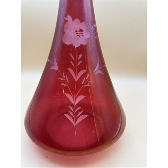 Bohemian Vase Czech Cut To Clear Cranberry Clear Cut Blossoms - Picture 2 of 8